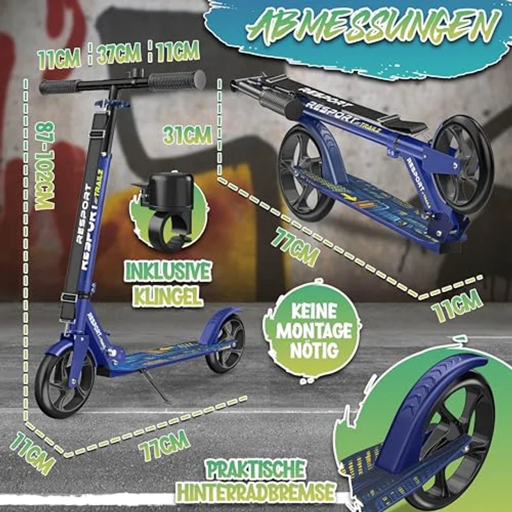 RE:SPORT Cityroller RE:SPORT® Trailz Scooter, höhenverstellbar & klappbar, 200mm große Räder, inkl. Tragegurt und Klingel, max. Belastbarkeit 100 kg – Bild 8
