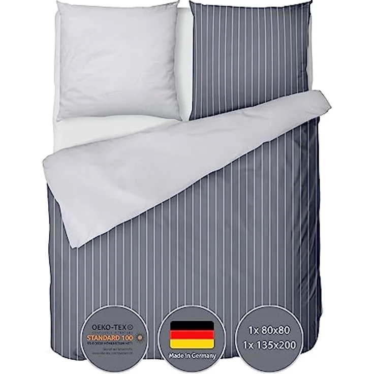 LINKHOFF Biber Bettwäsche 135x200 2tlg. - Wendebettwäsche-Set Grau Anthrazit Unifarben Gestreift - 100% Baumwolle - 1x Bettbezug 135x200 + 1x Kissenbezug 80x80 – Bild 1