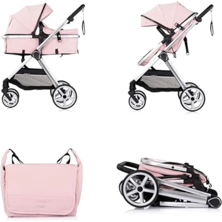Chipolino Kombikinderwagen 2 in 1 Vista, mit Wickeltasche, Fußabdeckung, verstellbarem Sonnendach und 5-Punkt-Gurt, Farben: rosa – Bild 4
