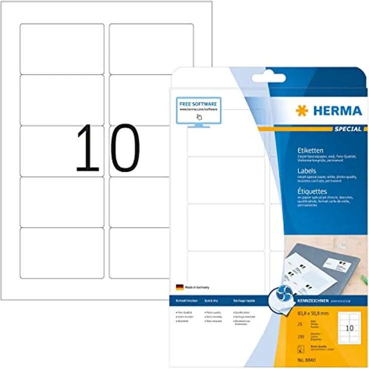 HERMA 8840 Universal Etiketten für Inkjet Drucker DIN A4 (83,8 x 50,8 mm, 25 Blatt, Papier, matt) selbstklebend, bedruckbar, permanent haftende Aufkleber, 250 Klebeetiketten, weiß – Bild 1