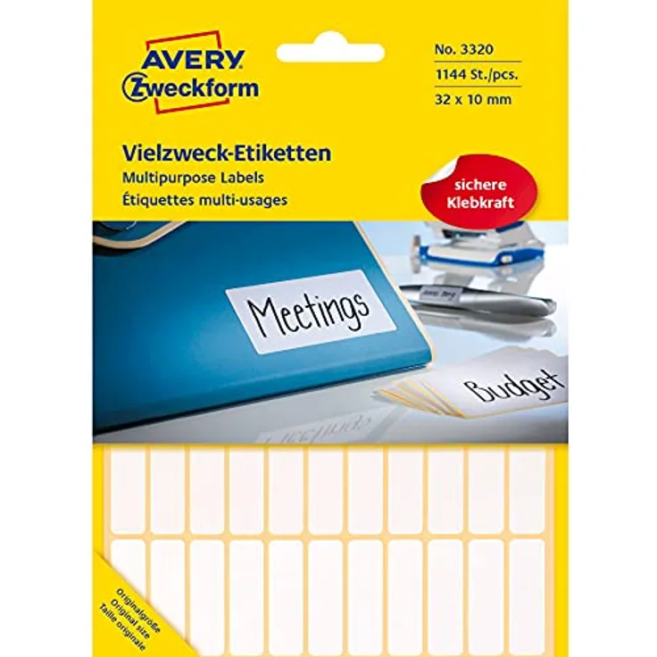 Avery Zweckform 3320 Haushaltsetiketten selbstklebend (31x10mm, 1.144 Aufkleber auf 26 Bogen, Vielzweck-Etiketten für Haushalt, Schule und Büro zum Beschriften und Kennzeichnen) blanko, weiß