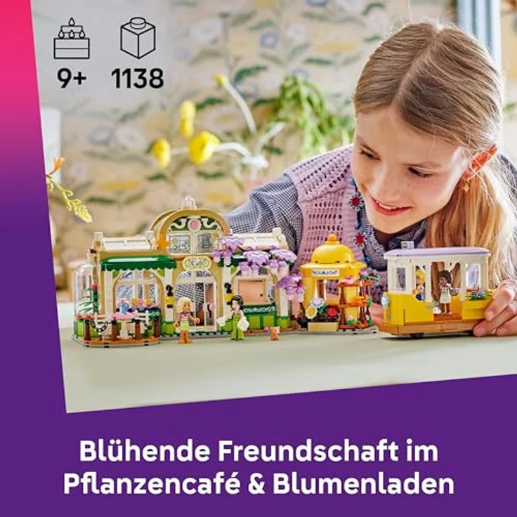 LEGO Friends 42671 Pflanzencafé und Blumenkiosk, Spielset mit 4 Mini-Puppen, Straßenbahn und 1138 Teilen, Mehrfarbig – Bild 2