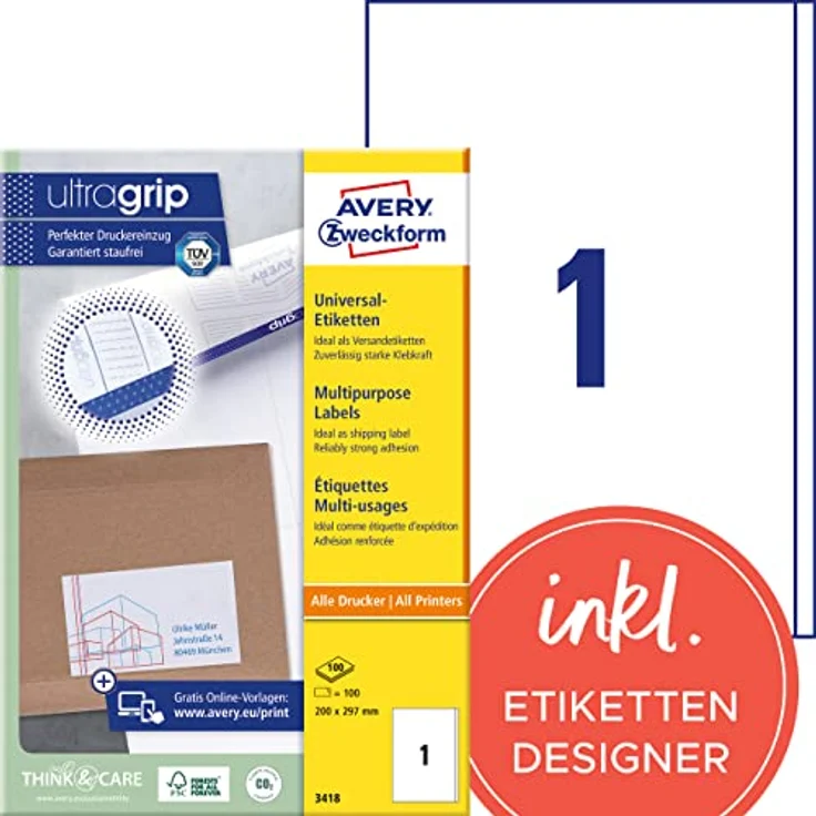 AVERY Zweckform 3418 Universal Etiketten (100 Klebeetiketten, 200x297mm auf A4, Papier matt, bedruckbare Versandetiketten, selbstklebende Versandaufkleber mit ultragrip, DHL) 100 Blatt, weiß - AVERY Zweckform 3418 Universal Etiketten, 100 Blatt, weiß, mit ultragrip-Technologie und FSC-zertifiziertem Papier – Bild 1