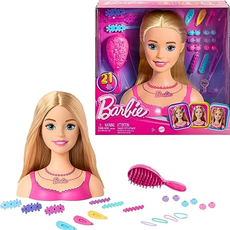 Barbie Deluxe Styling-Kopf, blonde Anziehpuppe mit 19 Accessoires und Haarbürste, HMD88