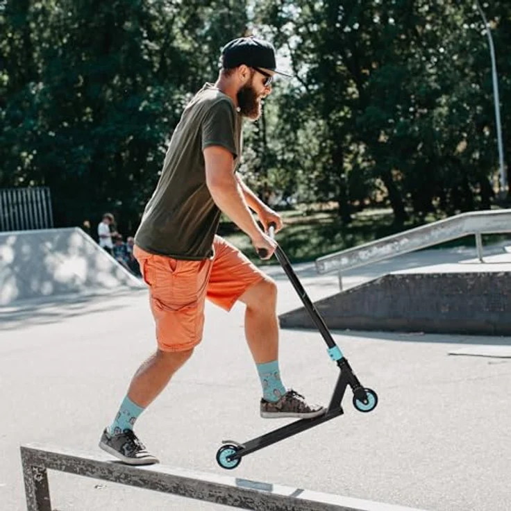 HOMCOM Stunt Scooter mit 360° Lenkung, ABEC 9 Kugellager, 100mm Kunstleder Räder, Tretroller aus Aluminium Stuntscooter bis 100kg belastbar, Kickscooter Trick Roller Funscooter für Kinder ab 14 Jahre, blau – Bild 2