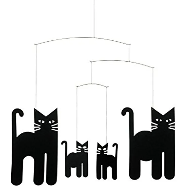 Flensted Mobile Cats Black, Baby-Mobile mit handgefertigten Katzenmotiven, 30 x 36 cm