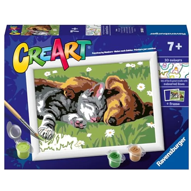 Ravensburger Malen nach Zahlen CreArt - Hund und Katze schlafen süß, vorgedruckte Malvorlage mit wasserbasierten Farben und Rahmen