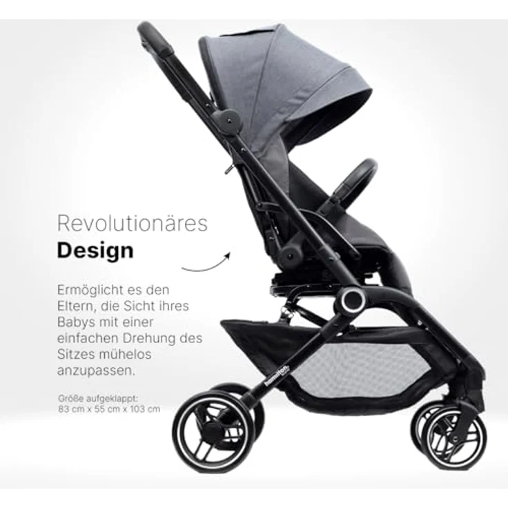 Hamilton by Yoop T1 Buggy - 360° drehbarer Sitz - MagicFold™ Technologie - Klimakühlendes Material - Große reflektierende Räder - UV-Schutz - Grau – Bild 3