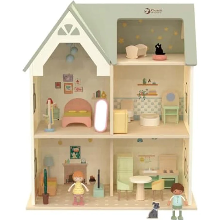 Classic World Holz Puppenhaus mit Möbeln und Accessoires, hochwertige Verarbeitung und durchdachtes Design – Bild 2