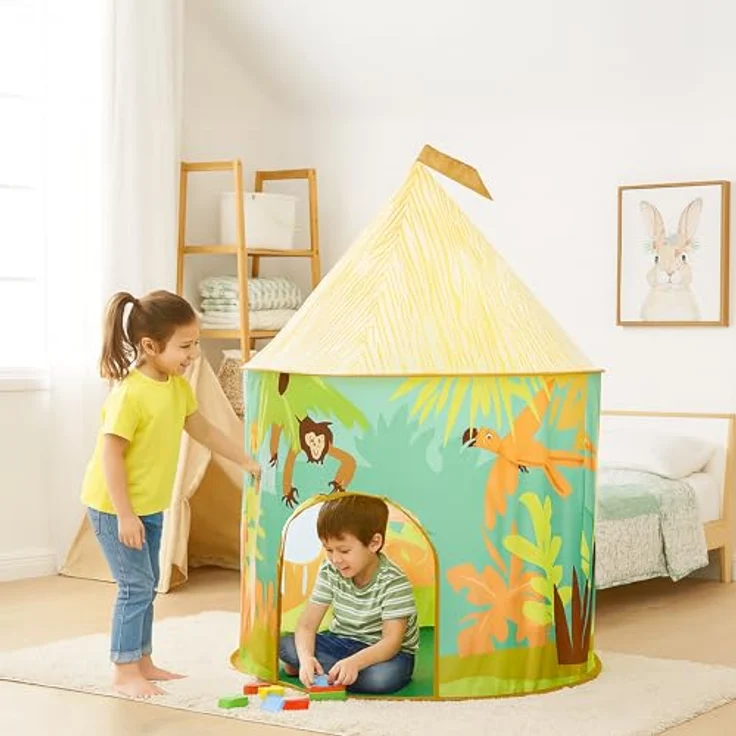 Relaxdays Spielzelt Dschungel, buntes Kinderzelt für drinnen und draußen, HD: 125 x 105 cm, mit Rolltür, faltbar – Bild 2
