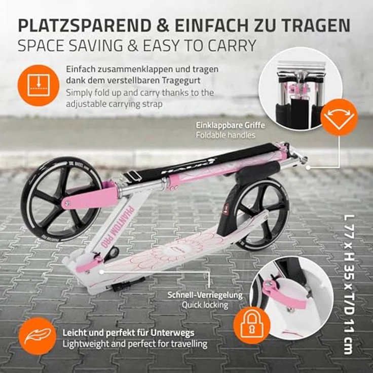 Hauki Cityroller Scooter Rosa, klappbar & höhenverstellbar, XXL-Räder, Tritt-Bremse, für Kinder & Erwachsene bis 100 kg – Bild 4