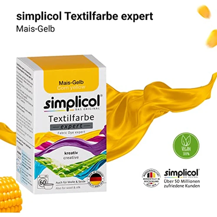 simplicol Textilfarbe expert Mais-Gelb 1701 - Zum Umfärben und Auffrischen von Kleidung, Waschmaschinenfest, für Baumwolle, Wolle, Seide, Leinen, Viskose & Mischgewebe – Bild 4