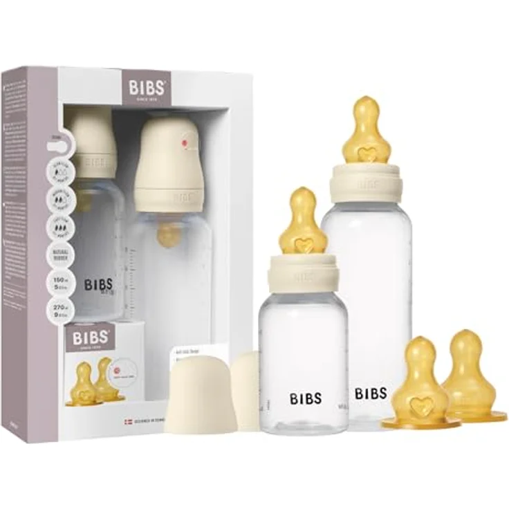 BIBS Anti-Colic Baby Bottle Set, Antikolikflaschen mit Gummisauger, Ivory, 270 ml und 150 ml – Bild 1