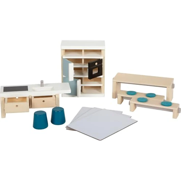 Small Foot Puppenhausmöbel Küche, 11tlg. Puppenhausküchen-Set mit Hochschrank, Kücheninsel und Sitzgruppe, Naturholz mit modernen Akzenten – Bild 8