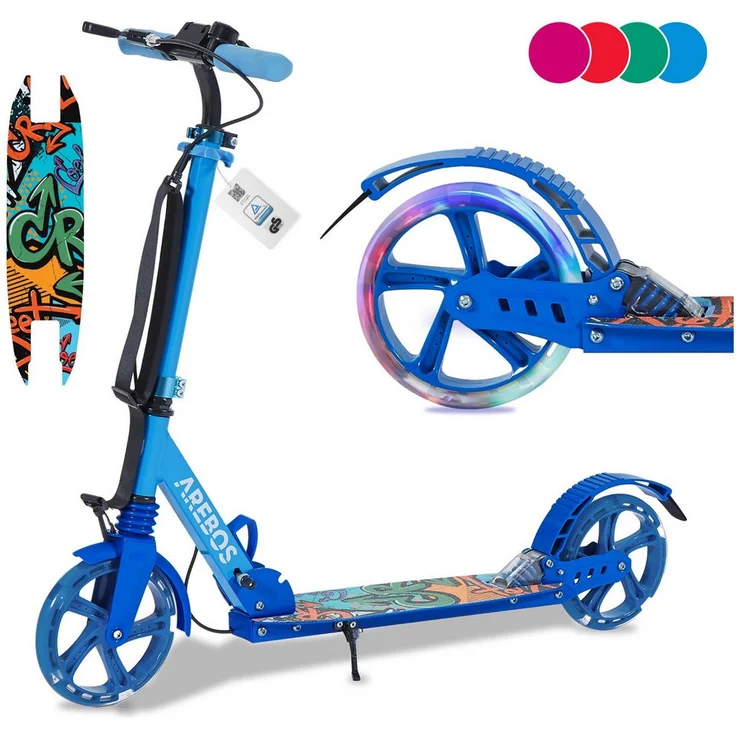 Arebos Tretroller mit LED-Reifen, faltbar, höhenverstellbar bis 102 cm, max. Belastung 100 kg, inklusive Klingel und Bremsen, blau