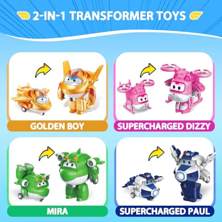 Super Wings Transform-a-Bots 4 Pack, 4 Sammelfiguren (S5 Paul, Dizzy, Golden Boy, Mira) in Rosa, Gelb, Blau, Grün - 2 Zoll Verwandlungsspielzeug für Kinder ab 3 Jahren – Bild 2