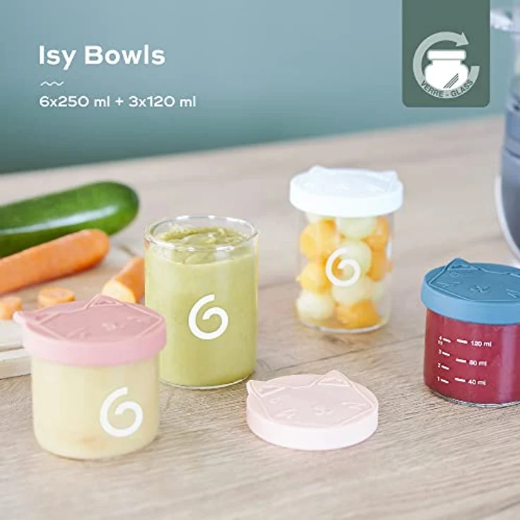 Babymoov Isy Bowls Set, 9-teiliges Babynahrungsbehälter Set aus Borosilikatglas, inkl. 6 x 250 ml und 3 x 120 ml, auslaufsicher mit Silikondichtungen, spülmaschinenfest – Bild 2