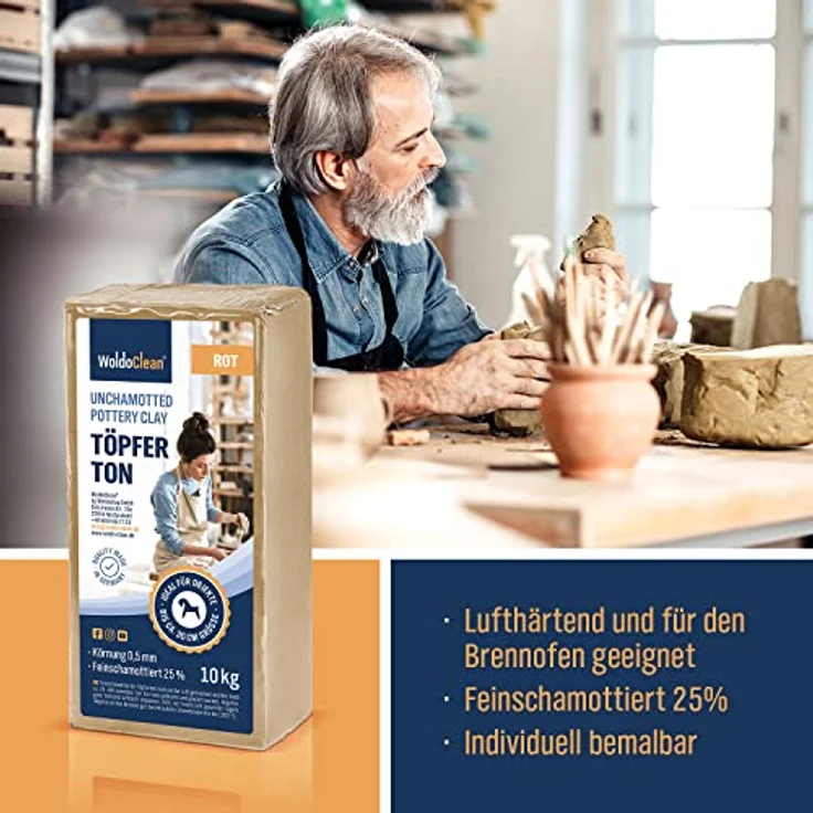 dynamic24 Modelliermasse Woldoclean, Töpfer-Tonmasse 10kg rot, lufttrocknend, feinschamottiert 0,5mm für kreative Projekte – Bild 2