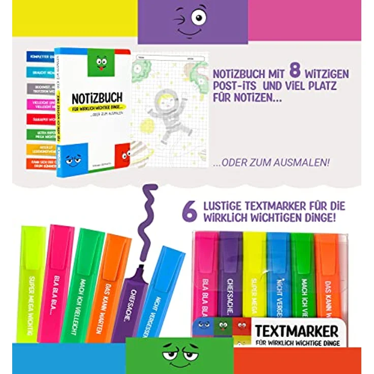 Longfair Lustige Büro Geschenk Box, 24-teiliges Set mit Textmarkern, Anti-Stress Würfel, Notizblock, Stempeln und Postkarten – Bild 2