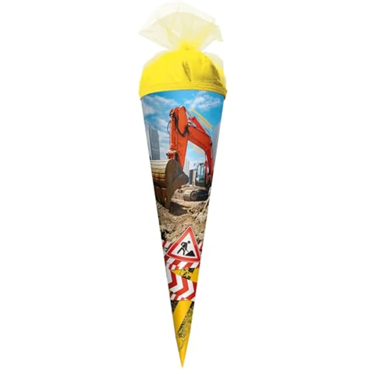 ROTH Schultüte klein Achtung Bagger, 35 cm rund mit Tüllverschluss, hochwertige Zuckertüte für Jungen – Bild 1