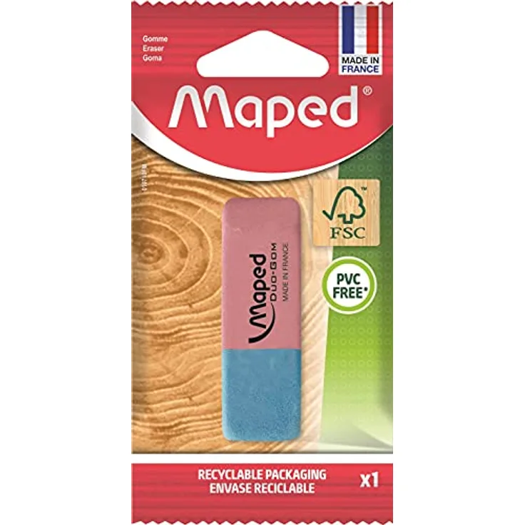 Maped Radiergummi Duo-Gom Medium – Radiergummi aus Naturkautschuk ohne PVC – rosa und blau – FSC-zertifiziert – Papierverpackung 100% recycelbar