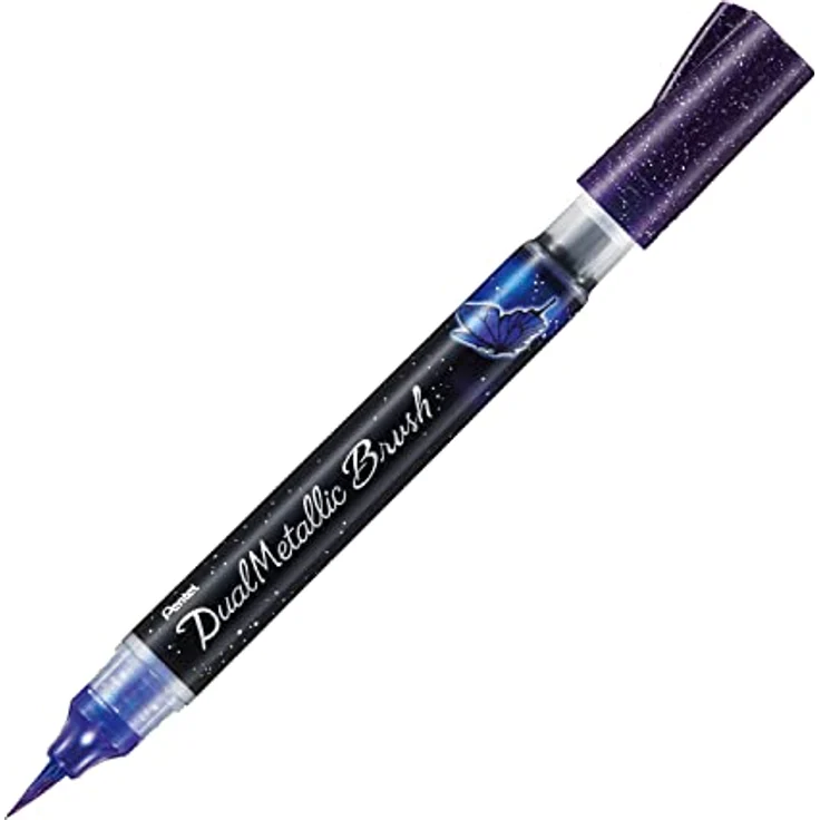 Pentel XGFH-DVX Dual Metallic Brush - Pinselstift gefüllt mit, je nach Papierfarbe, changierender Glitzertinte, Nylonfasern, feiner bis breiter Strich, violett/metallic-blau, 1 Stück auf Blisterkarte – Bild 2