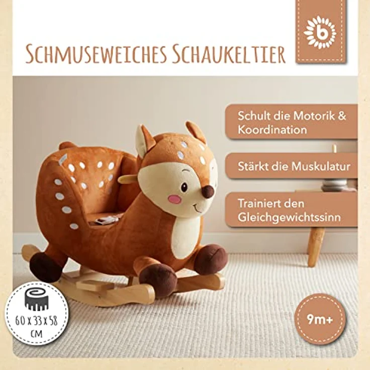 Bieco Plüsch Schaukeltier REH Lina, 60 cm | Kinder Schaukelstuhl mit Sicherheitsgurt | Schaukel | Kleinkind | Baby Schaukelwippe ab 9 Monate | Schaukelpferd Holz – Bild 2