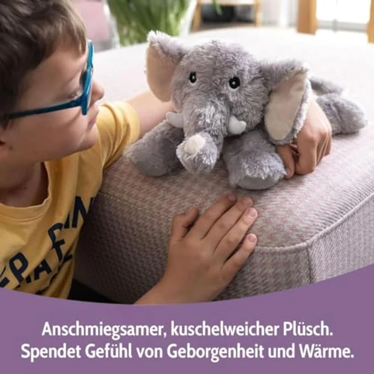 Habibi Plush Classic Wärmetier Elefant, Kuscheltier und Wärmekissen mit natürlichen Hirsekörnern, Duftkomposition aus Lavendel, Jasmin, Lemongras und Vanille, 35 cm – Bild 6