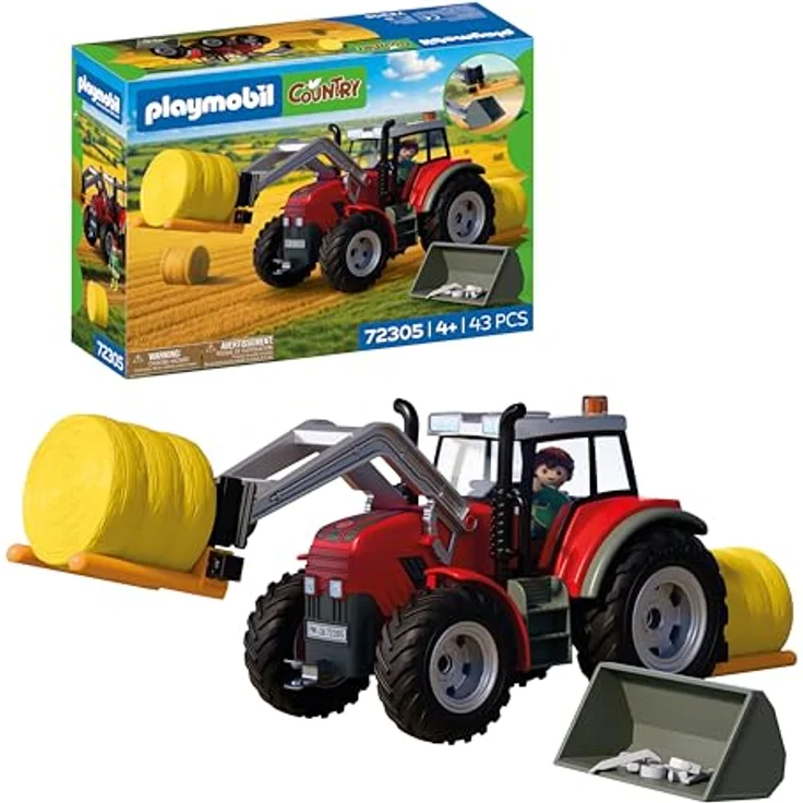 Playmobil Large Tractor with Hay Bales, Spielzeug-Traktor mit Frontlader, Rundballengabel und verstellbaren Anbaugeräten – Bild 1