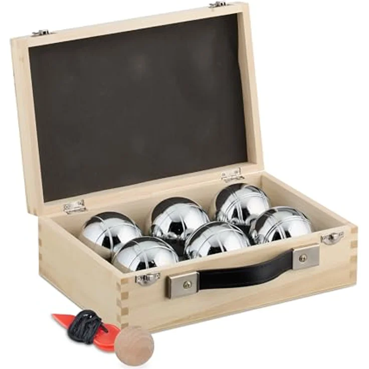 Relaxdays Boule Kugeln, 6 Stahlkugeln mit Zielkugel & Holzkoffer, Boccia Spiel, 72 mm, Natur/Silber – Bild 1