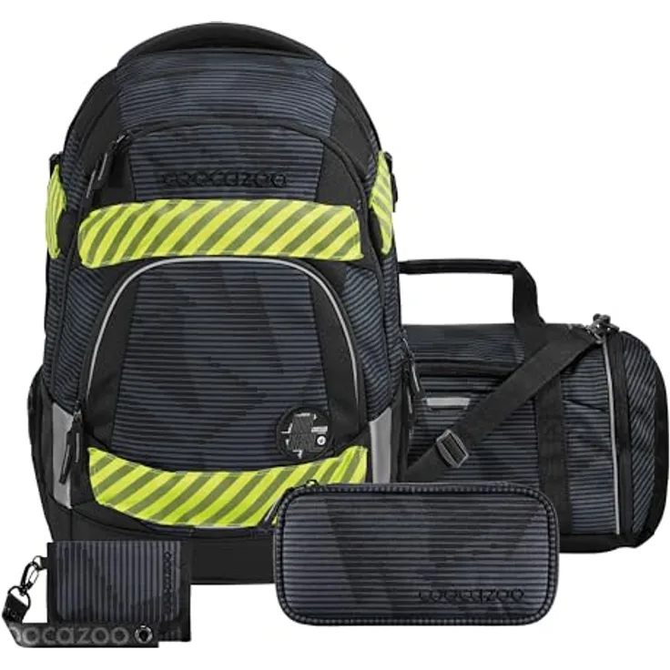 Coocazoo Schulrucksack-Set MATE „Dark Mission“ 5-tlg., ergonomischer 30L Tornister, höhenverstellbar mit Hüftgurt, schwarz, inkl. Federmäppchen, Sporttasche und Geldbörse