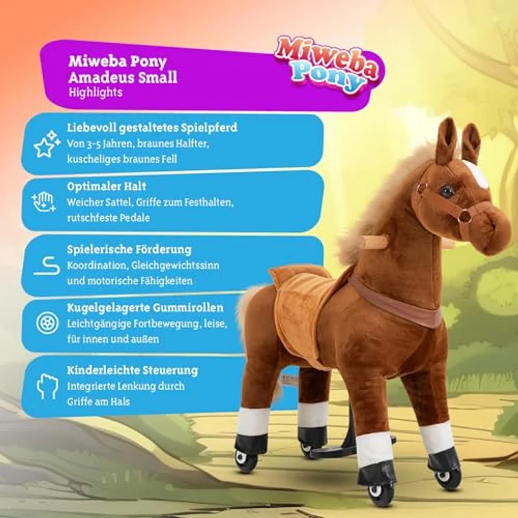 Miweba Pony Amadeus | Reitpferd auf Rollen für Kinder - Schaukelpferd mit Rücklaufbremsen und ergonomischem Sattel - 3-5 Jahre – Bild 2