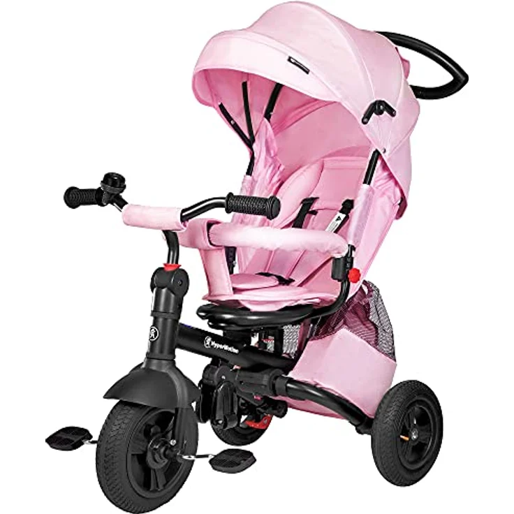HyperMotion Kinderdreirad Tobi Velar, mit Schubstange, drehbarem Komfort-Sitz, Sicherheitsgurten, faltbarem Rahmen, gepumpte Räder, Elterngriff, Regenmantel, pink, geeignet für 9 Monate bis 5 Jahre – Bild 1