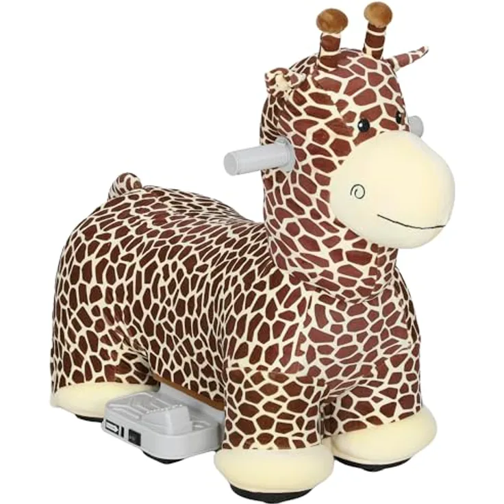 AIYAPLAY Kinder Elektroauto Giraffe, 6V Batteriebetriebenes Fahrzeug mit Musik, waschbarem Plüschbezug, leisen Rädern, 1,8-3 km/h für Kinder von 1,5-5 Jahren, Braun