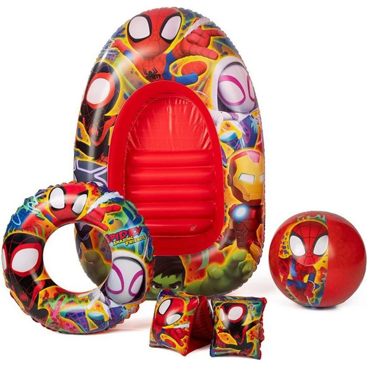 Spiderman Schwimmreifen 4-teiliges Schwimmset mit Boot, Schwimmflügel und Strandball für Kinder von 3 bis 12 Jahren