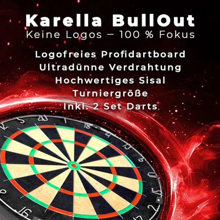 Karella Dartboard "BullOut", Profi-Dartboard aus brasilianischem Sisal mit 45 cm Durchmesser, inkl. 2 Satz Steeldarts und Wandhalterung – Bild 9