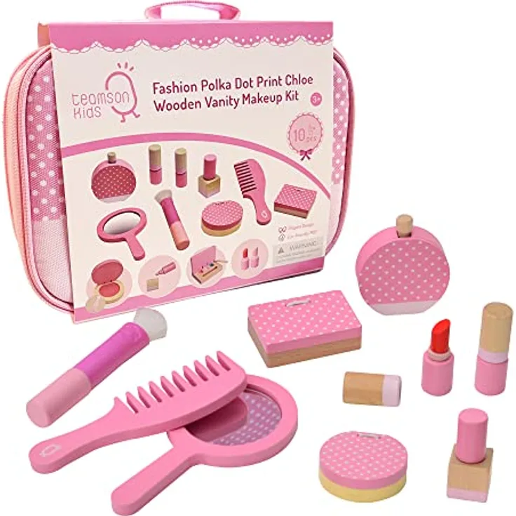 Teamson Kids Chloe Holz Reise-Eitelkeits-Set Make-up-Set Pretend Play Cosmetics mit Tasche & 9 Accessoires Fashion Polka Dot Print Pink TK-W00010