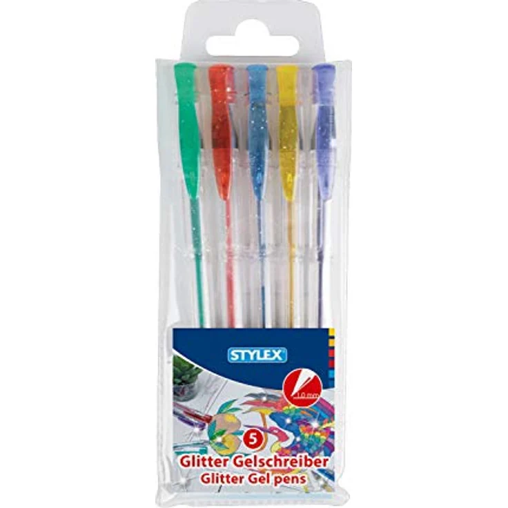 Stylex 43833 - Gelschreiber, 5 Gelstifte im Set, sortiert in 5 Glitterfarben, Strichstärke 1 mm, zum Schreiben, Malen und Verzieren - Preisvergleich – Bild 1