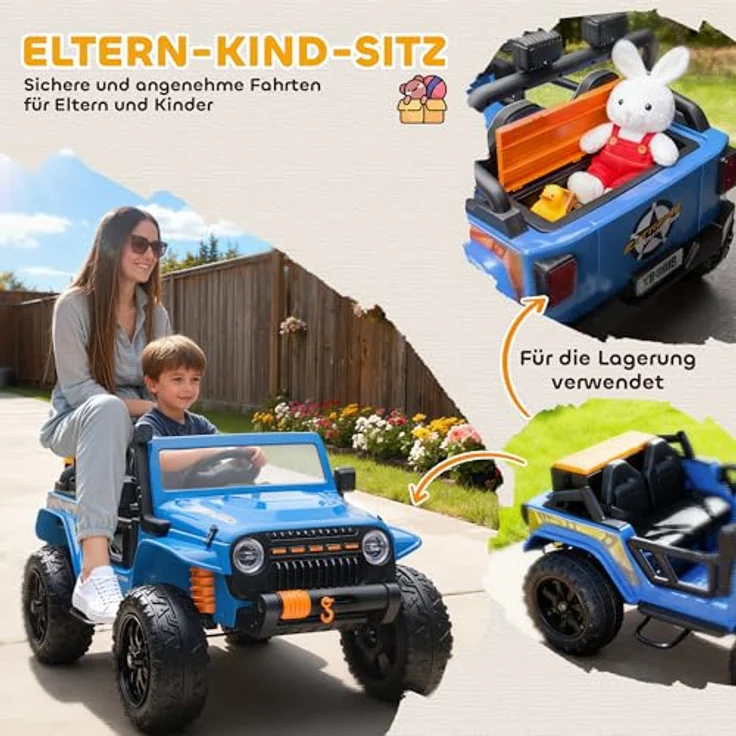 AIYAPLAY Kinder Elektroauto 12V, elektrisches Kinderfahrzeug mit 2 Motoren, Fernbedienung, Hupe, LED, Musik, Eltern-Kind-Sitz, für 3-8 Jahre, Blau – Bild 4