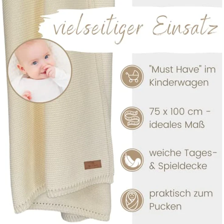 DIKOS® Babydecke Creme aus *100%* GOTS Bio Baumwolle | 4 Jahreszeiten Neugeborenen Baby Decke | weiche Strickdecke Kuscheldecke Baby Mädchen Junge | Erstausstattung Baby Geschenk zur Geburt/Taufe – Bild 4