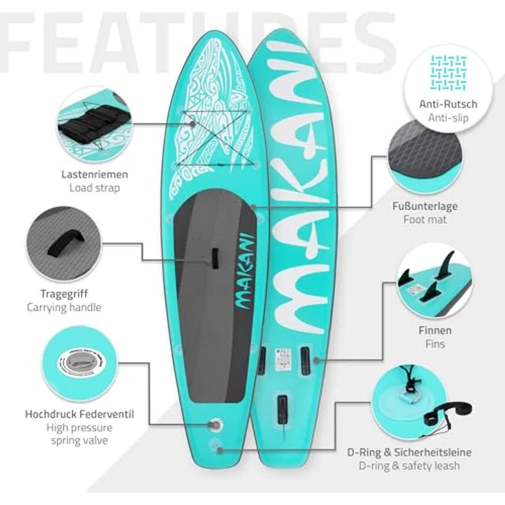 ECD Germany Aufblasbares Stand Up Paddle Board Makani | 320 x 80 x 15 cm | Türkis | PVC | bis 120 kg | Komplettes Zubehör inkl. Paddel und Handpumpe – Bild 3