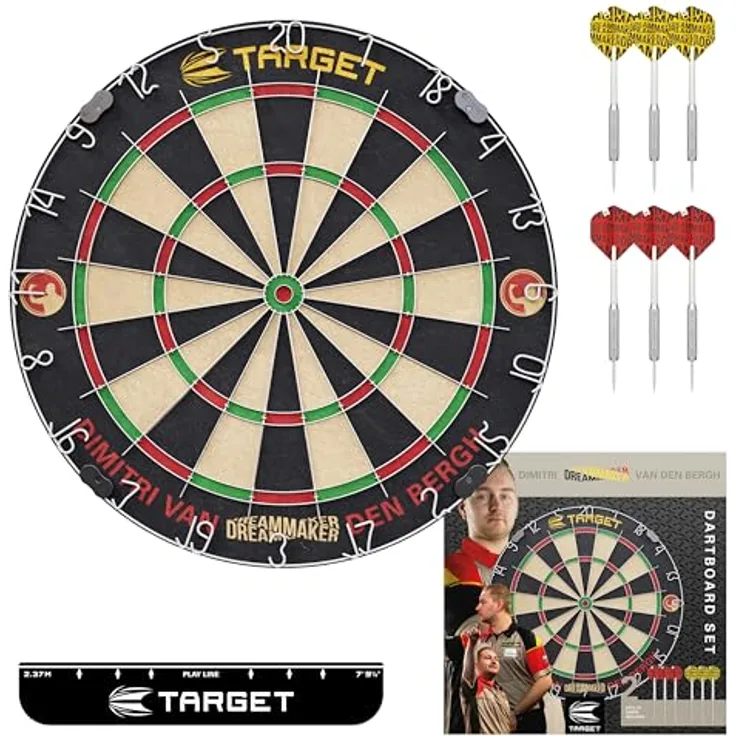 Target Darts Dimitri Van den Bergh Dartboard Set | Spieler-Edition mit 2 Steel-Dart-Sets, Wettkampfstandard Wurflinie, selbstheilendes Sisal-Dartboard
