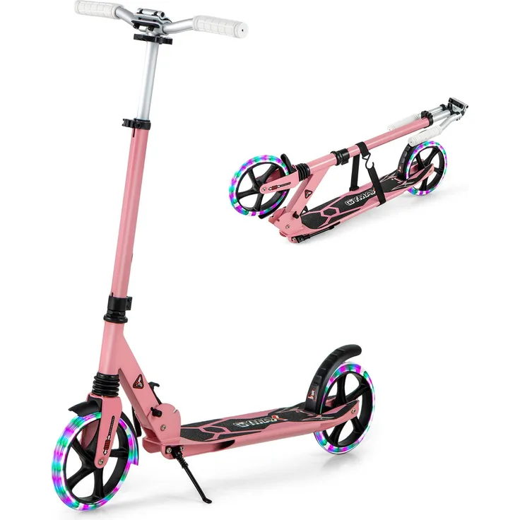 COSTWAY Kinder Roller klappbar, höhenverstellbarer Scooter mit Leuchten, Tragegurt & Ständer, bis 100kg belastbar, in Schwarz/Blau/Rosa/Türkis