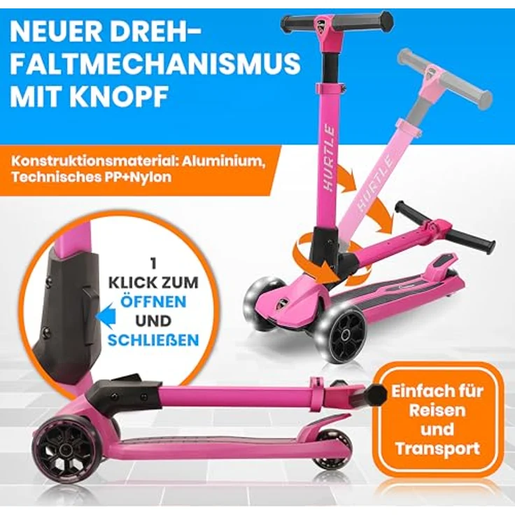 Hurtle Faltbarer Kinderroller, 3-Rad Scooter mit höhenverstellbarem Lenker, LED-Rädern und rutschfester Trittfläche, aus Aluminium, für Kinder ab 3 Jahren bis 50kg – Bild 3
