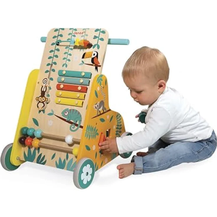 Janod - Multi-Aktivitätswagen Tropik - Laufwagen aus Holz - Lernspielzeug mit 6 Aktivitäten - Leise Räder und Feststellschraube - FSC-zertifiziert - Wasserfarbe - Ab 1 Jahr, J08269 – Bild 5