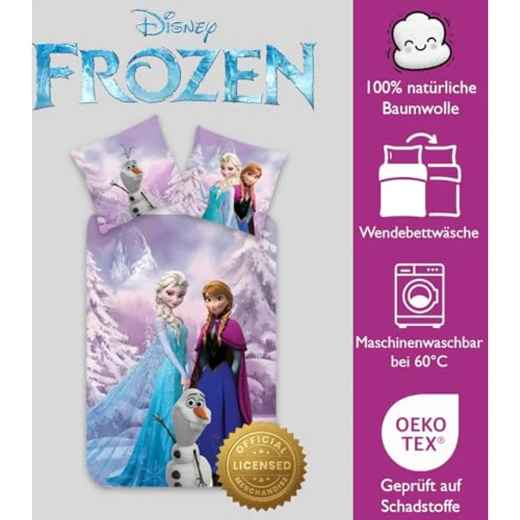 Brandmac Bettwäsche Eiskönigin, 100 % Baumwolle, Bettbezug für kleines Bett, 100 x 135 cm + Kissenbezug 40 x 60 cm, wendbar, mit Elsa, Anna und Olaf, bunt – Bild 8