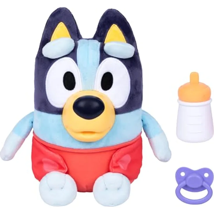 BlueY Bluey Baby, elektronisches Plüschtier 28 cm mit 10 Babygeräuschen, Flasche, Schnuller und herausnehmbarer Windel