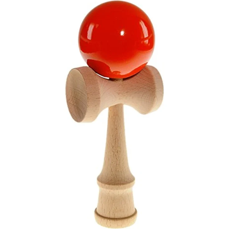 Ganzoo Kendama Buchenholz, traditionelles Geschicklichkeitsspiel mit Holzball, reißfestem Nylonseil und 3 Fangtellern, rot/Holz – Bild 4