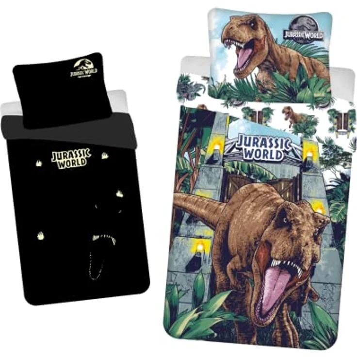 Jerry Fabrics Bettwäsche Dinosaurier Jurassic World leuchtet im Dunkeln, 140 x 200 cm + 70 x 90 cm, 100 % Baumwolle, schadstoffgeprüft nach OEKO-TEX Standard 100 – Bild 1