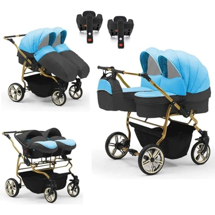 Elcar Zwillingskinderwagen 5 in 1 Duet Lux Goldedition, inkl. 2 Autositze und Iso Bases, 14 Teile, variabel in 20 Farben – Bild 1